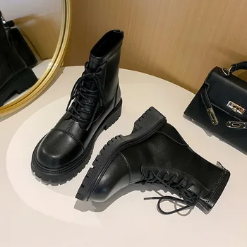 Висококачествени есенно-зимни нови флисовые къси ботуши 2022 година, кожени ботуши Martin в дебела подметка с шнур, универсална дамски обувки, Топ