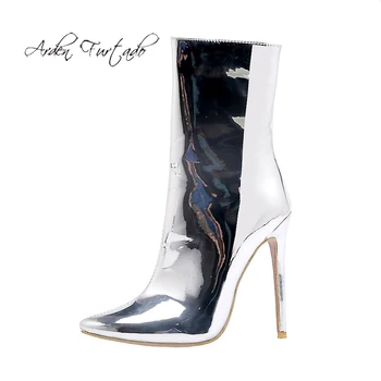 Arden Фуртадо/2021 г., модерен зимни дамски обувки на висок ток с остър пръсти, чубрица обувки са с цип сребристо-златист цвят, ботильоны голям размер 41
