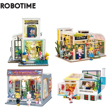 Robotime САМ Кафене с Мебели за Детска Куклена Къща за Възрастни Миниатюрни Куклена Къща Дървени Комплекти Играчка TD