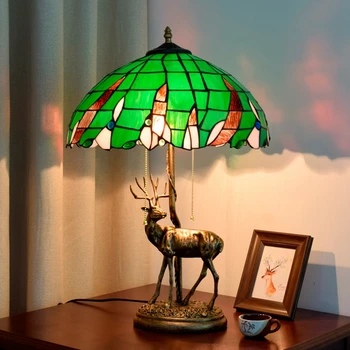 40 см Американски селска зелена стъклена лампа за лампи Нощно Шкафче за спалня Настолна Лампа Ретро Тифани елен декоративна бар настолна лампа