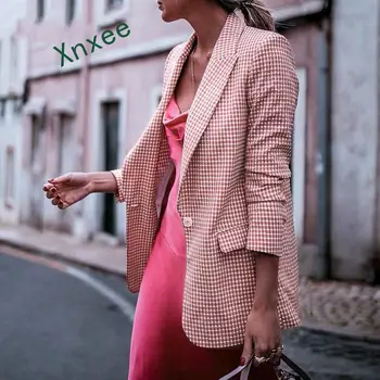 Xnxee карирани женски блейзър с джобове и Дълги ръкави на една пуговице, дамски ежедневни палто, Офис дамски връхни дрехи, шик работно сако