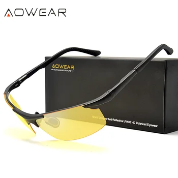 AOWEAR Луксозни Поляризирани Очила за Нощно Виждане Без Рамки, Мъжки слънчеви Очила От Естествен Алуминий, Спортни Очила за Шофиране на Открито, на Жълти Слънчеви Очила за Мъже