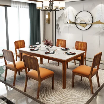 Новият китайски маса от черно дърво, мрамор правоъгълна маса за хранене и столове от масивно дърво, комбинация на една маса и шест стола.