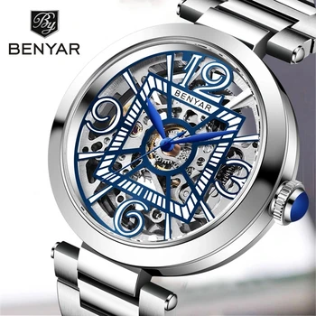 2021 Нов Мъжки Часовник BENYAR, висок клас Марка, Бизнес Автоматични Механични Ръчни Часовници е От Неръждаема Стомана С Кухи Циферблат, Лесен и Модерен Дизайн
