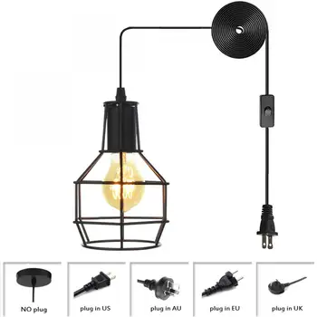 Окачен окачен лампа, Plug към веригата, Ретро дизайн в стил loft, Окачен Тавана лампа в черна метална клетка, Промишлени подвесное осветление