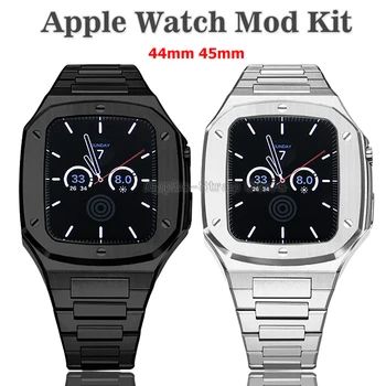 Комплект модификации Метален Корпус + каишка За Apple Watch въжета 44 мм 45 мм Луксозен Стоманени Панели за iWatch 7 se 6 5 4 3 Гумена Каишка за часовник