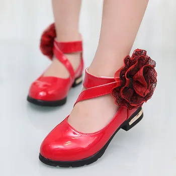 Черни/червени, розови обувки на принцесата за момичета; новост 2018 г.; стилна кожена обувки с хубави цветя модел за момичета; обувки за момичета; детски кожени обувки за момичета
