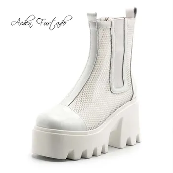 Arden Фуртадо/лятна модни дамски обувки На масивна токчета, Елегантни пикантни бели мрежести обувки с цип, ботильоны на платформата с квадратни пръсти