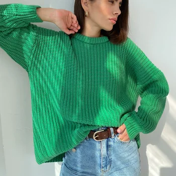 Жена пуловер 2022, нов модерен монофонични свободен пуловер ярки цветове, с кръгло деколте, пуловер, дамски безплатна доставка