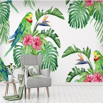 Потребителски Стенни тапети Тропически Акварели Цветя и Птици Фонова Стена