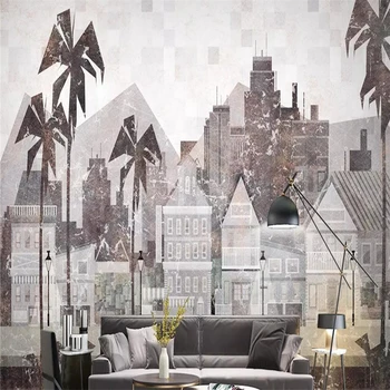 Декоративни тапети от серия Nordic модерна проста ретро градска архитектура от кокосова палма ТЕЛЕВИЗИЯ фонова стена