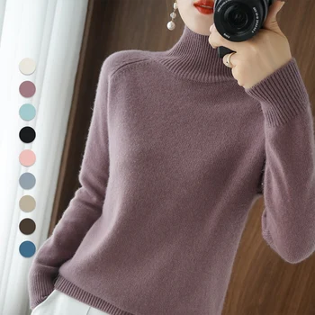 Жена вязаный вълнен пуловер с висока воротом, свободни топове-пуловери с дълги ръкави (S-XXL)