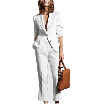 Женски костюм офис бял бизнес официална елегантна яке-двойка + панталони женски однобортный костюм