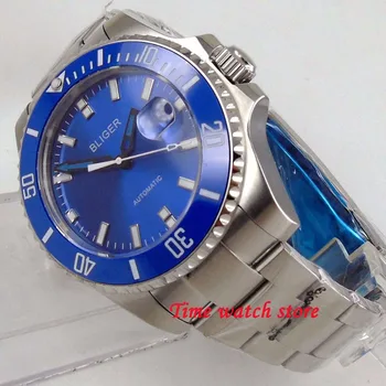 Луксозни механичен автоматичен часовник BLIGER 43 мм водоустойчив мъжки часовник от неръждаема стомана, със син циферблат, син сапфир светещи керамични панели Miyota 174
