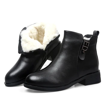 Нови модни Ботильоны от телешка кожа; зимни обувки; Дамски Вълнени обувки; Дамски Кожени обувки на ниски нескользящем ток, Топла зимни обувки; дамски обувки