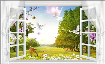 тапети 3 d по поръчка стенопис Пейзаж горски гълъб поляна зад прозореца пейзаж фотообои за главната спалня